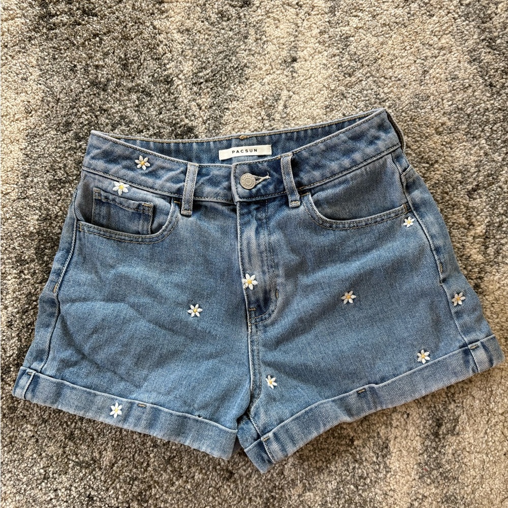 PacSun Light Blue Jean Shorts with Floral Accents